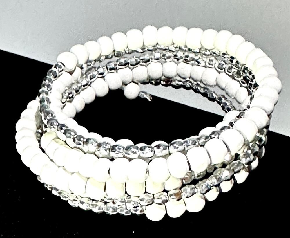 White Simulated Pearl Wrap Bracelet Silver Spacer Beads Stretch Multi Strand